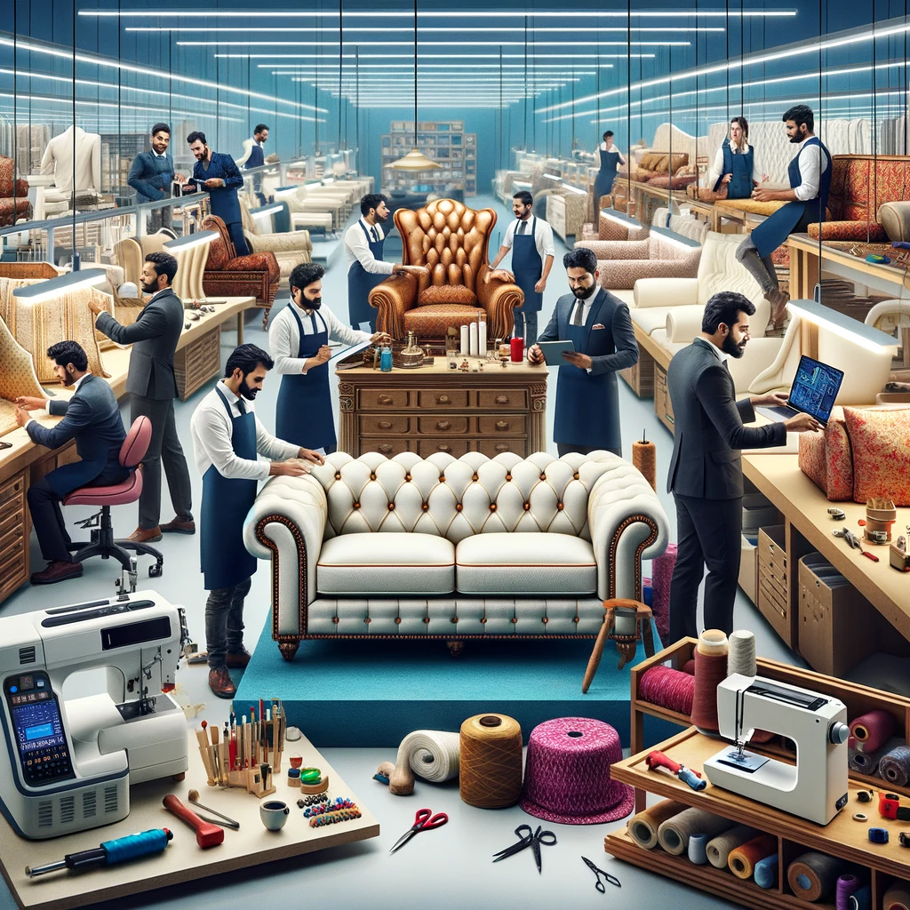DALL·E 2024-02-28 11.40.20 - In a spacious, well-lit factory, a team of skilled Indian craftsmen collaboratively work on repairing a luxurious sofa, surrounded by modern, high-tec