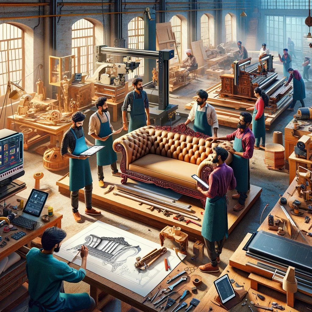 DALL·E 2024-02-28 11.42.26 - Imagine a vibrant, modern Indian furniture workshop where a group of artisans are focused on meticulously restoring a classic sofa. The workshop is fi